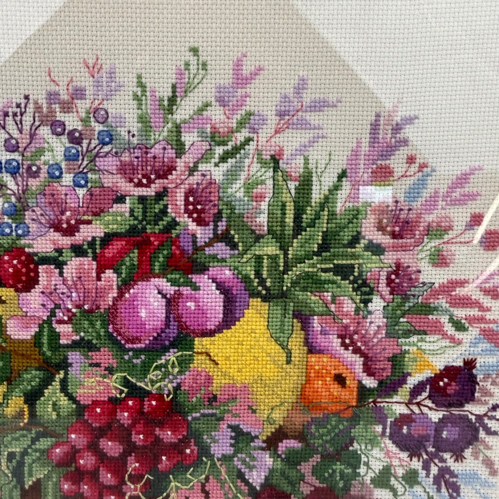 Vintage 1994 Framed Cross Stitch Fruit Basket Floral Embroidery Gold Frame 22.5" - Picture 8 of 11